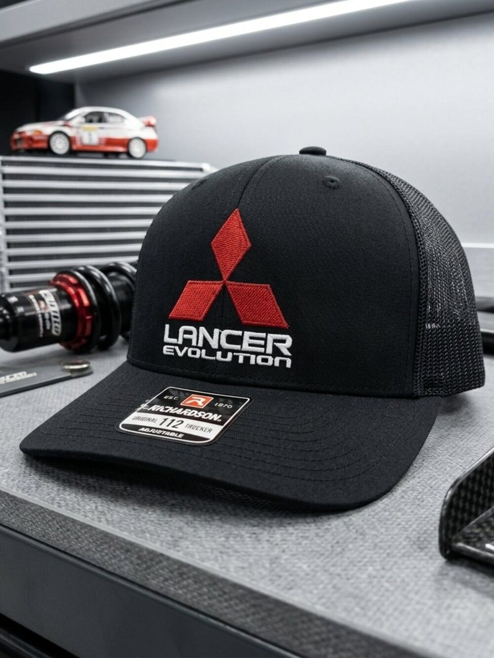 Lancer Evolution JDM Rally Embroidered Black Richardson 112 Trucker Hat New 90s